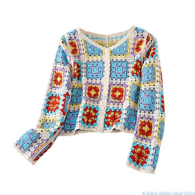 Pulover tricot de primăvară, toamnă, cardigan pentru femei, cu mânecă lungă, cu nasturi, croșetat, cu model geometric, colorat