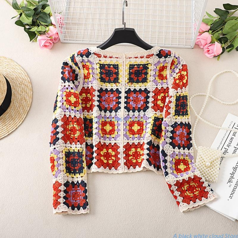 Pulover tricot de primăvară, toamnă, cardigan pentru femei, cu mânecă lungă, cu nasturi, croșetat, cu model geometric, colorat