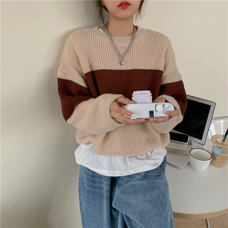 Γυναικεία πουλόβερ που ταιριάζουν με ιαπωνικό χρώμα φορούν 2023 νέο χαλαρό πουλόβερ lazy κοντό σχέδιο απλό[le γυναικεία πουλόβερ