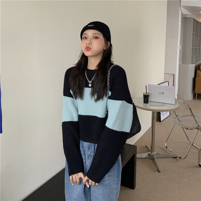 Γυναικεία πουλόβερ που ταιριάζουν με ιαπωνικό χρώμα φορούν 2023 νέο χαλαρό πουλόβερ lazy κοντό σχέδιο απλό[le γυναικεία πουλόβερ