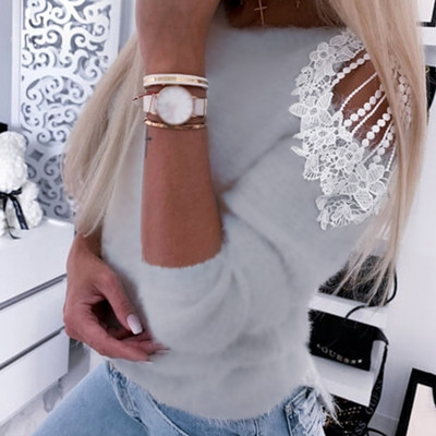 Πουλόβερ με δαντέλα έξω από τους ώμους Γυναικεία βελούδινα μακρυμάνικα μπλουζάκια με στρογγυλή λαιμόκοψη ροζ γκρι