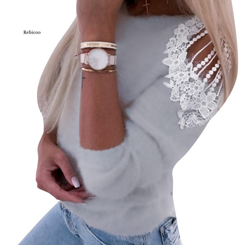 Πουλόβερ με δαντέλα έξω από τους ώμους Γυναικεία βελούδινα μακρυμάνικα μπλουζάκια με στρογγυλή λαιμόκοψη ροζ γκρι