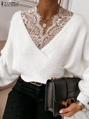 ZANZEA 2023 Φθινοπωρινά σέξι μπλουζάκια με λαιμόκοψη Γυναικεία μόδα πουλόβερ με κορδόνια Holiday Μακρύ μανίκι κουκούλες Vintage μασίφ κοντό πουλόβερ