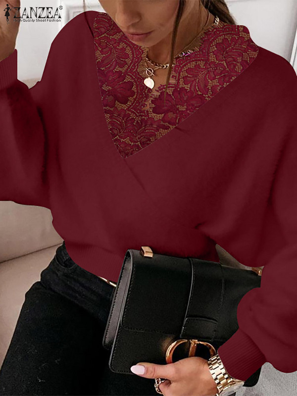 ZANZEA 2023 Φθινοπωρινά σέξι μπλουζάκια με λαιμόκοψη Γυναικεία μόδα πουλόβερ με κορδόνια Holiday Μακρύ μανίκι κουκούλες Vintage μασίφ κοντό πουλόβερ