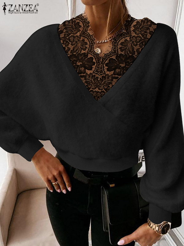 ZANZEA 2023 Φθινοπωρινά σέξι μπλουζάκια με λαιμόκοψη Γυναικεία μόδα πουλόβερ με κορδόνια Holiday Μακρύ μανίκι κουκούλες Vintage μασίφ κοντό πουλόβερ