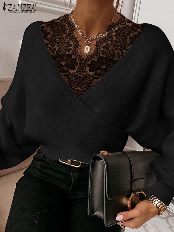 ZANZEA 2023 Φθινοπωρινά σέξι μπλουζάκια με λαιμόκοψη Γυναικεία μόδα πουλόβερ με κορδόνια Holiday Μακρύ μανίκι κουκούλες Vintage μασίφ κοντό πουλόβερ