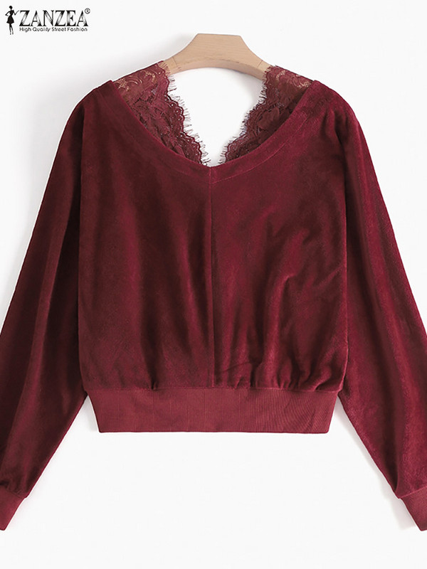 ZANZEA 2023 Φθινοπωρινά σέξι μπλουζάκια με λαιμόκοψη Γυναικεία μόδα πουλόβερ με κορδόνια Holiday Μακρύ μανίκι κουκούλες Vintage μασίφ κοντό πουλόβερ