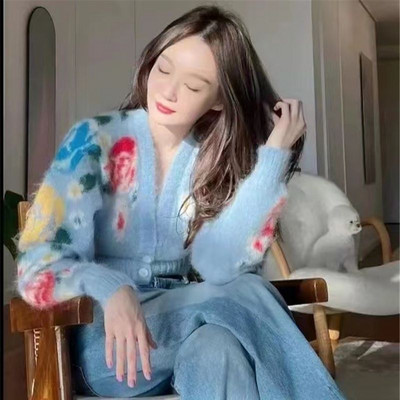 Limiguyue lillelised kardiganid naiste sügistalv vintage prantsuse mohäärist lühike kampsun avara pikkade varrukatega V-kaelusega luksuslik kudum J866