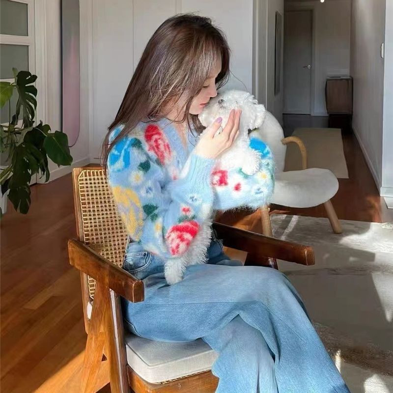 Limiguyue lillelised kardiganid naiste sügistalv vintage prantsuse mohäärist lühike kampsun avara pikkade varrukatega V-kaelusega luksuslik kudum J866