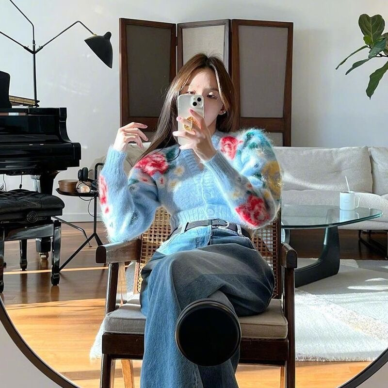 Limiguyue lillelised kardiganid naiste sügistalv vintage prantsuse mohäärist lühike kampsun avara pikkade varrukatega V-kaelusega luksuslik kudum J866