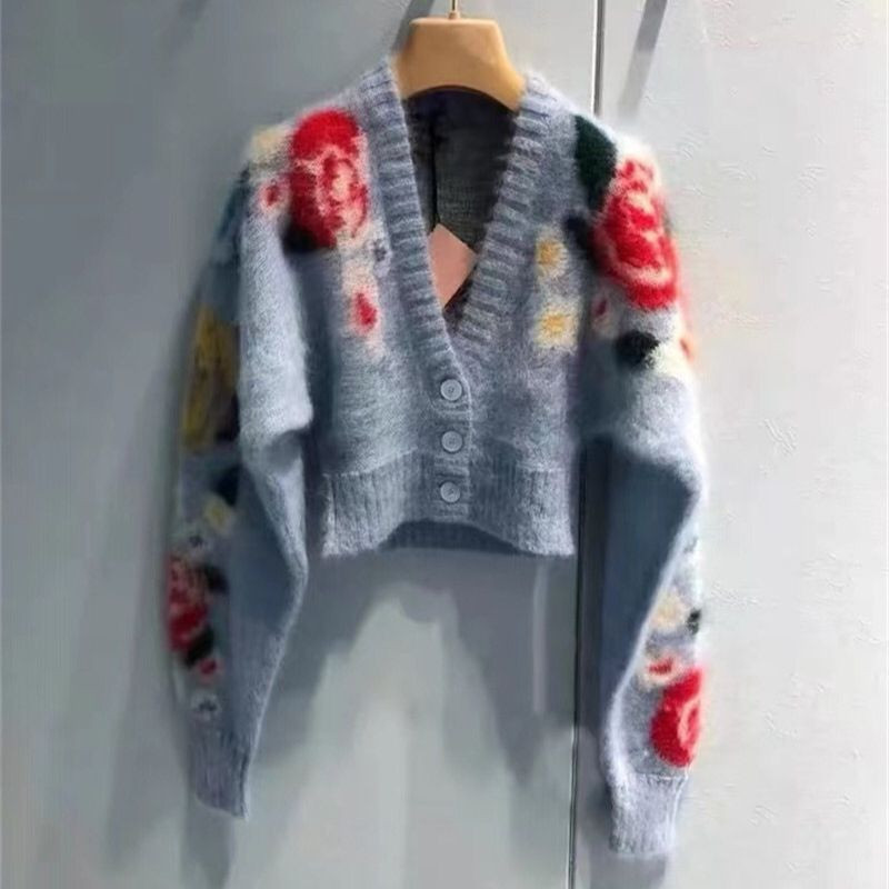 Limiguyue lillelised kardiganid naiste sügistalv vintage prantsuse mohäärist lühike kampsun avara pikkade varrukatega V-kaelusega luksuslik kudum J866