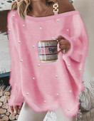 Γυναικείο πουλόβερ 2023 Φθινόπωρο μόδας με αλυσίδα μαργαριτάρια Διακόσμηση κρύου ώμου Casual μονόχρωμο πουλόβερ με μακρυμάνικο τοπ Y2K ρούχα