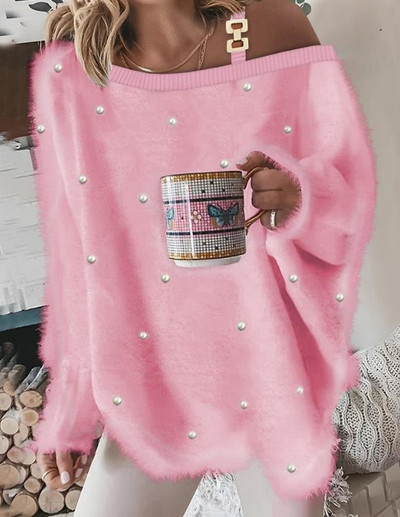 Γυναικείο πουλόβερ 2023 Φθινόπωρο μόδας με αλυσίδα μαργαριτάρια Διακόσμηση κρύου ώμου Casual μονόχρωμο πουλόβερ με μακρυμάνικο τοπ Y2K ρούχα