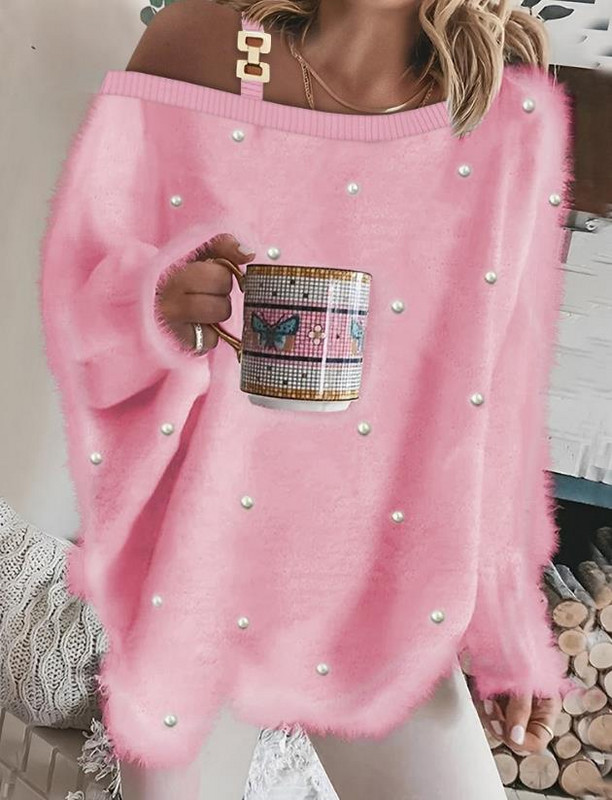Γυναικείο πουλόβερ 2023 Φθινόπωρο μόδας με αλυσίδα μαργαριτάρια Διακόσμηση κρύου ώμου Casual μονόχρωμο πουλόβερ με μακρυμάνικο τοπ Y2K ρούχα