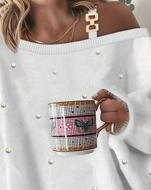 Γυναικείο πουλόβερ 2023 Φθινόπωρο μόδας με αλυσίδα μαργαριτάρια Διακόσμηση κρύου ώμου Casual μονόχρωμο πουλόβερ με μακρυμάνικο τοπ Y2K ρούχα