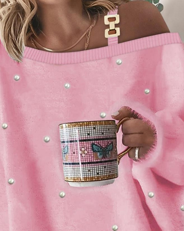 Γυναικείο πουλόβερ 2023 Φθινόπωρο μόδας με αλυσίδα μαργαριτάρια Διακόσμηση κρύου ώμου Casual μονόχρωμο πουλόβερ με μακρυμάνικο τοπ Y2K ρούχα