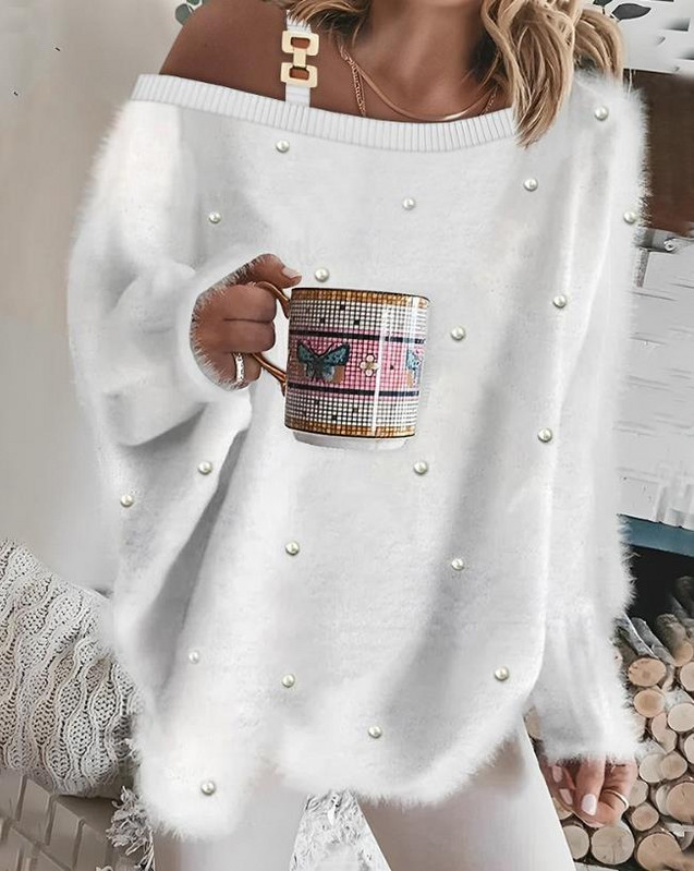 Γυναικείο πουλόβερ 2023 Φθινόπωρο μόδας με αλυσίδα μαργαριτάρια Διακόσμηση κρύου ώμου Casual μονόχρωμο πουλόβερ με μακρυμάνικο τοπ Y2K ρούχα
