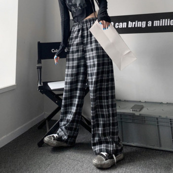 Ψηλόμεσο καρό παντελόνι Harajuku Γυναικείο φαρδύ καρό παντελόνι κορεατικού στυλ για γυναικεία κορδόνια