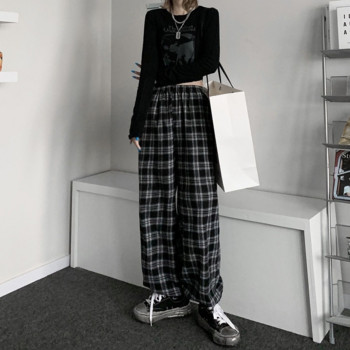 Ψηλόμεσο καρό παντελόνι Harajuku Γυναικείο φαρδύ καρό παντελόνι κορεατικού στυλ για γυναικεία κορδόνια