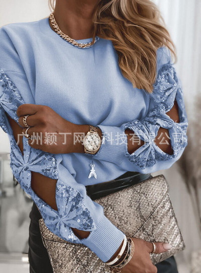 Sequin Top 2023 γυναικεία μπλουζάκια με ραφές Κομψό ανοιξιάτικο πουλόβερ Γυναικείο πουκάμισο με μακρυμάνικο μπλουζάκι με αντίθεση Streetwear