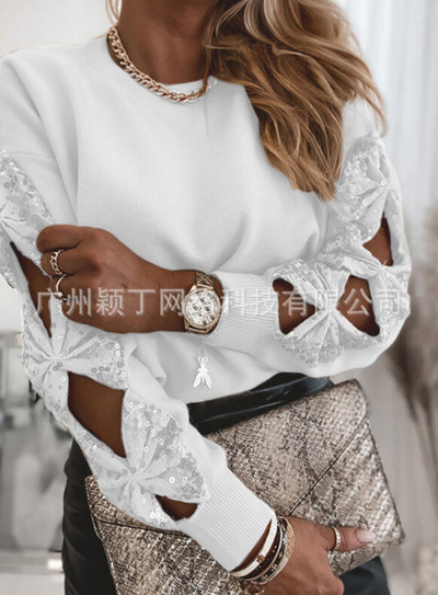 Sequin Top 2023 γυναικεία μπλουζάκια με ραφές Κομψό ανοιξιάτικο πουλόβερ Γυναικείο πουκάμισο με μακρυμάνικο μπλουζάκι με αντίθεση Streetwear