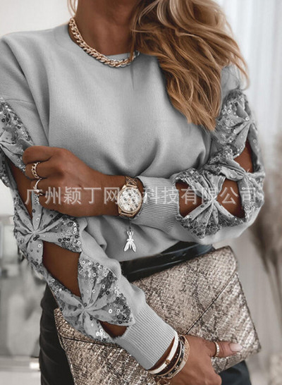 Sequin Top 2023 γυναικεία μπλουζάκια με ραφές Κομψό ανοιξιάτικο πουλόβερ Γυναικείο πουκάμισο με μακρυμάνικο μπλουζάκι με αντίθεση Streetwear