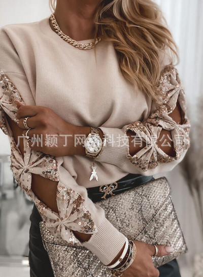 Sequin Top 2023 γυναικεία μπλουζάκια με ραφές Κομψό ανοιξιάτικο πουλόβερ Γυναικείο πουκάμισο με μακρυμάνικο μπλουζάκι με αντίθεση Streetwear