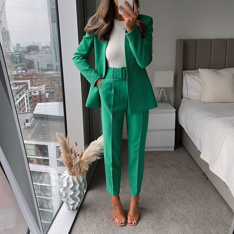 NORPOJIN Ženske zelene hlače s remenom Ravne nogavice visokog struka Zelene hlače Žensko šik žensko formalno odijelo Hlače 2022 Novo