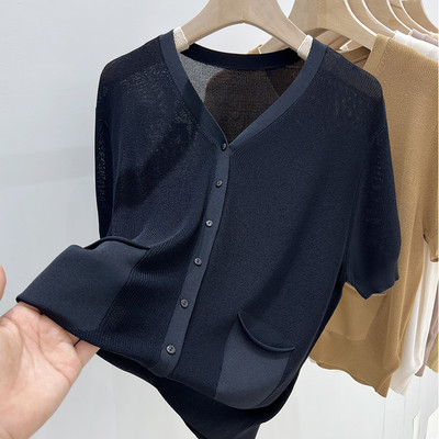 Suvised naiste topid Lühikeste varrukatega kootud kardigan-kampsun Naiste Blusas Mujer De Moda 2023 Verano V-kaelusega kootud naiste kampsun G556