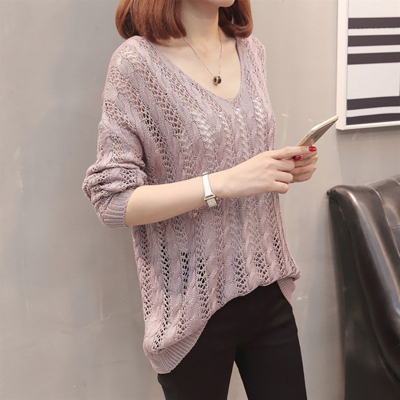 Λεπτά καλοκαιρινά γυναικεία πλεκτά μπλουζάκια πουλόβερ με κούφιο ύφος Γυναικείο μακρυμάνικο πουλόβερ με λαιμόκοψη γυναικείο