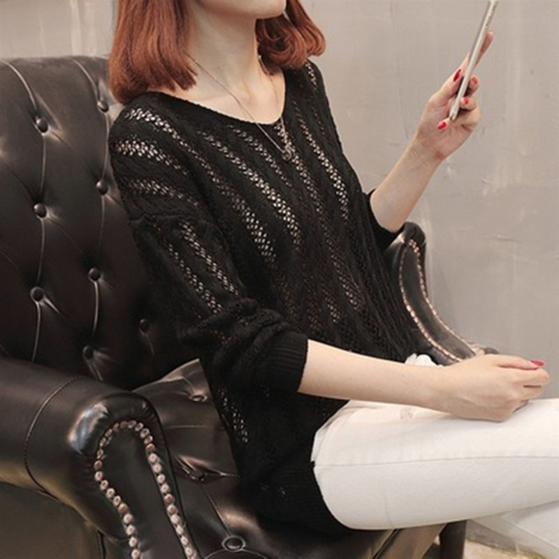 Λεπτά καλοκαιρινά γυναικεία πλεκτά μπλουζάκια πουλόβερ με κούφιο ύφος Γυναικείο μακρυμάνικο πουλόβερ με λαιμόκοψη γυναικείο