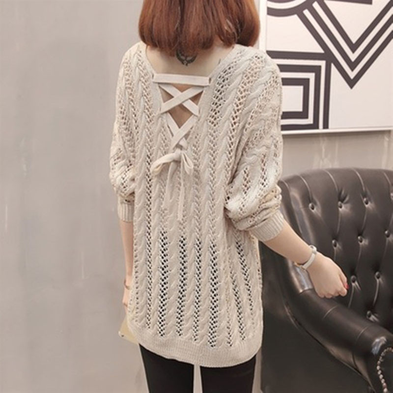 Λεπτά καλοκαιρινά γυναικεία πλεκτά μπλουζάκια πουλόβερ με κούφιο ύφος Γυναικείο μακρυμάνικο πουλόβερ με λαιμόκοψη γυναικείο