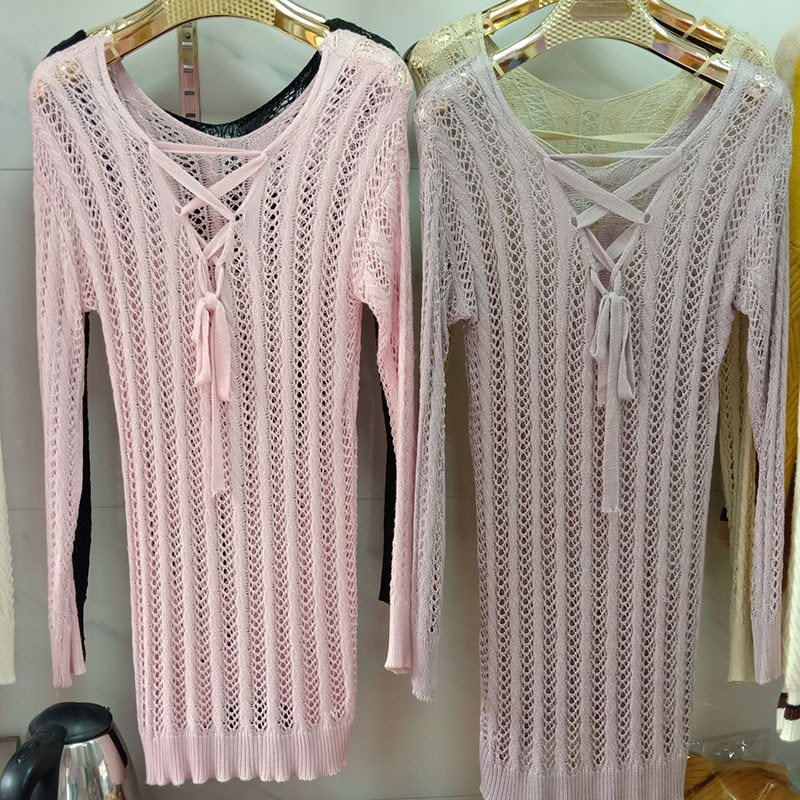 Λεπτά καλοκαιρινά γυναικεία πλεκτά μπλουζάκια πουλόβερ με κούφιο ύφος Γυναικείο μακρυμάνικο πουλόβερ με λαιμόκοψη γυναικείο