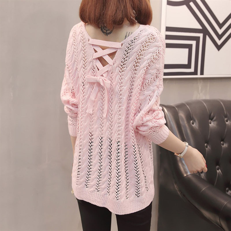 Λεπτά καλοκαιρινά γυναικεία πλεκτά μπλουζάκια πουλόβερ με κούφιο ύφος Γυναικείο μακρυμάνικο πουλόβερ με λαιμόκοψη γυναικείο