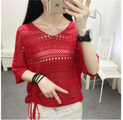 Καλοκαιρινή μόδα Γυναικεία σέξι V λαιμόκοψη Πλεκτό με νυχτερίδα με μανίκια casual χαλαρά μασίφ πουλόβερ με πλεκτό Smock επάνω πουλόβερ