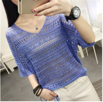 Καλοκαιρινή μόδα Γυναικεία σέξι V λαιμόκοψη Πλεκτό με νυχτερίδα με μανίκια casual χαλαρά μασίφ πουλόβερ με πλεκτό Smock επάνω πουλόβερ