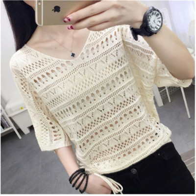 Καλοκαιρινή μόδα Γυναικεία σέξι V λαιμόκοψη Πλεκτό με νυχτερίδα με μανίκια casual χαλαρά μασίφ πουλόβερ με πλεκτό Smock επάνω πουλόβερ