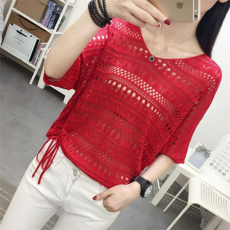 Καλοκαιρινή μόδα Γυναικεία σέξι V λαιμόκοψη Πλεκτό με νυχτερίδα με μανίκια casual χαλαρά μασίφ πουλόβερ με πλεκτό Smock επάνω πουλόβερ