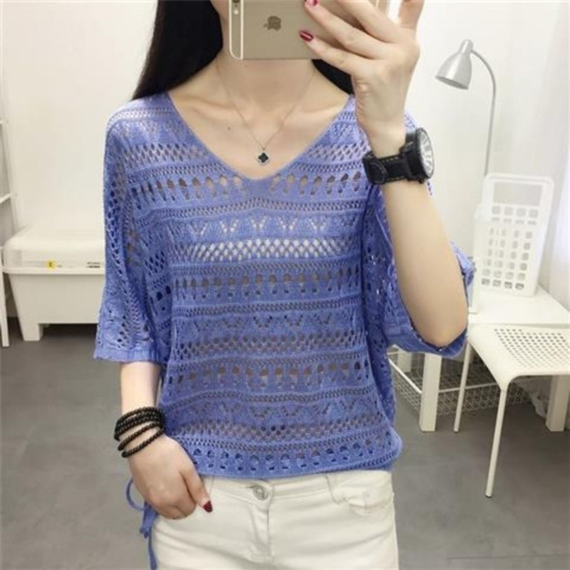Καλοκαιρινή μόδα Γυναικεία σέξι V λαιμόκοψη Πλεκτό με νυχτερίδα με μανίκια casual χαλαρά μασίφ πουλόβερ με πλεκτό Smock επάνω πουλόβερ