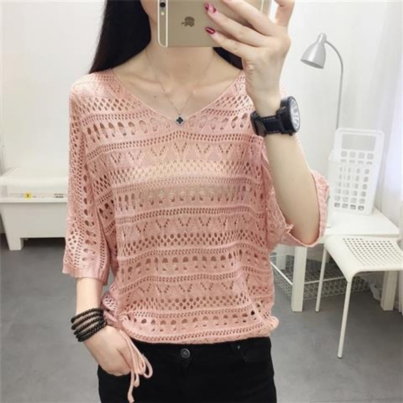 Καλοκαιρινή μόδα Γυναικεία σέξι V λαιμόκοψη Πλεκτό με νυχτερίδα με μανίκια casual χαλαρά μασίφ πουλόβερ με πλεκτό Smock επάνω πουλόβερ