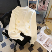 Limiguyue Ανοιξιάτικο φθινόπωρο V λαιμόκοψη γυναικείο πουλόβερ λευκό τρισδιάστατο φλοράλ πλεκτό ζακέτες μαργαριτάρι κασμίρ Πλεκτά Femme E088