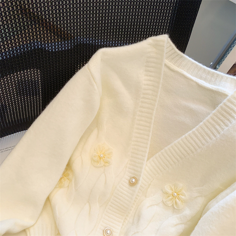 Limiguyue Ανοιξιάτικο φθινόπωρο V λαιμόκοψη γυναικείο πουλόβερ λευκό τρισδιάστατο φλοράλ πλεκτό ζακέτες μαργαριτάρι κασμίρ Πλεκτά Femme E088