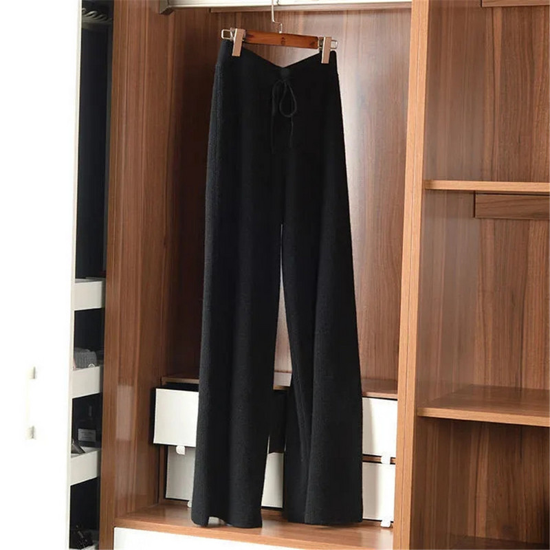 Κορδόνι φαρδύ πόδι Ζεστό χοντρό πλεκτό παντελόνι Φθινοπωρινό Χειμώνα χαλαρό casual ίσιο παντελόνι Κορεάτικο Harajuku ελαστικό ψηλόμεσο παντελόνι