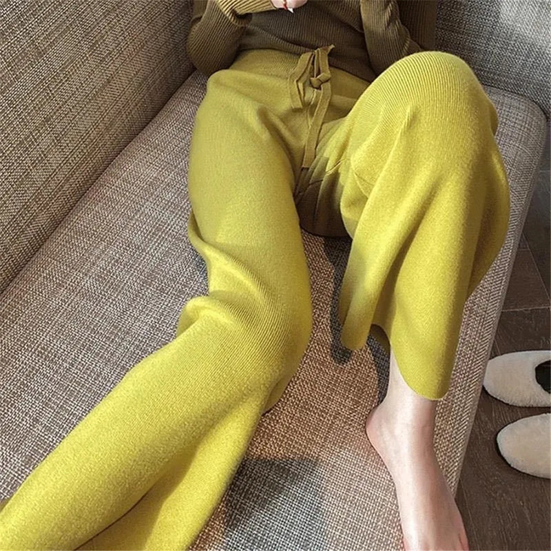 Κορδόνι φαρδύ πόδι Ζεστό χοντρό πλεκτό παντελόνι Φθινοπωρινό Χειμώνα χαλαρό casual ίσιο παντελόνι Κορεάτικο Harajuku ελαστικό ψηλόμεσο παντελόνι