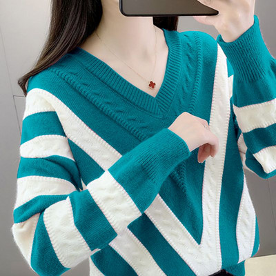 Μόδα πλεκτά με λαιμόκοψη σε ραμμένα φαρδιά φαρδιά ριγέ πουλόβερ Γυναικεία ρούχα 2023 Φθινόπωρο Νέα casual πουλόβερ Μπλούζες commute all-match