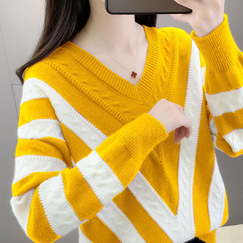 Μόδα πλεκτά με λαιμόκοψη σε ραμμένα φαρδιά φαρδιά ριγέ πουλόβερ Γυναικεία ρούχα 2023 Φθινόπωρο Νέα casual πουλόβερ Μπλούζες commute all-match