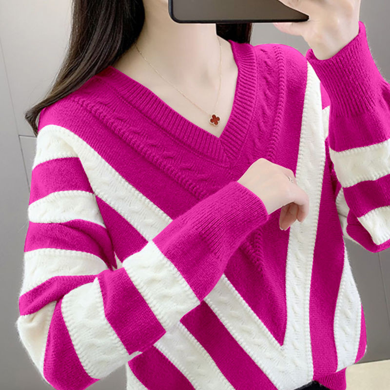Μόδα πλεκτά με λαιμόκοψη σε ραμμένα φαρδιά φαρδιά ριγέ πουλόβερ Γυναικεία ρούχα 2023 Φθινόπωρο Νέα casual πουλόβερ Μπλούζες commute all-match
