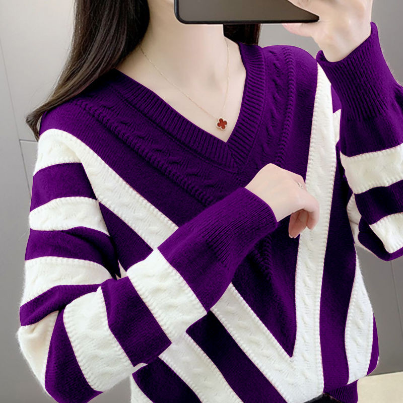 Μόδα πλεκτά με λαιμόκοψη σε ραμμένα φαρδιά φαρδιά ριγέ πουλόβερ Γυναικεία ρούχα 2023 Φθινόπωρο Νέα casual πουλόβερ Μπλούζες commute all-match