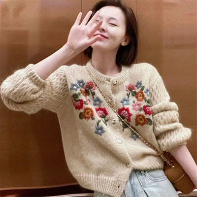 Limiguyue Cardigan din tricot cu broderie florală franceză, toamnă iarnă, vintage, pulover din lână, tricotaj din cașmir cu mânecă lungă U998