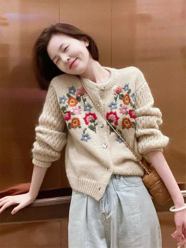 Limiguyue Cardigan din tricot cu broderie florală franceză, toamnă iarnă, vintage, pulover din lână, tricotaj din cașmir cu mânecă lungă U998